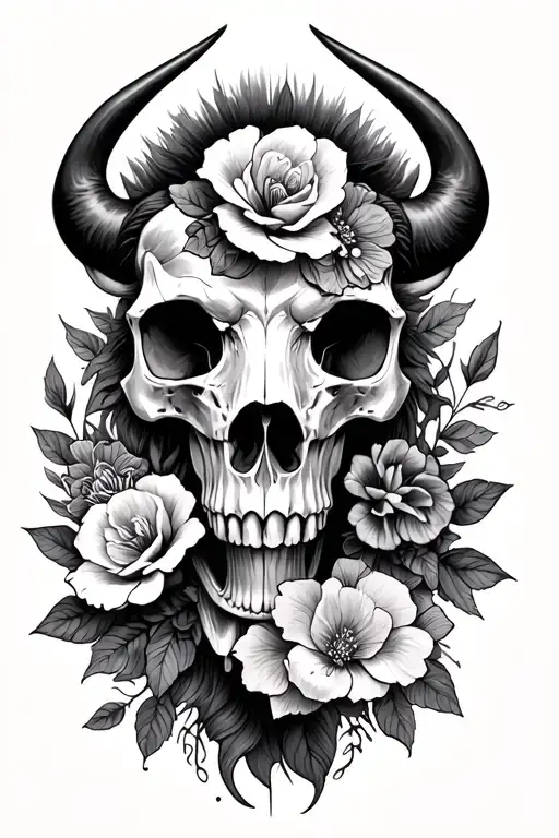 Buffalo And Skull Skull And Women's Flowers