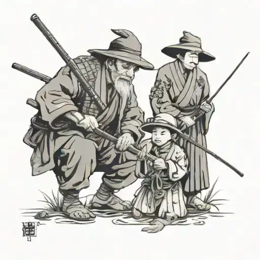 Masashige Kusunoki Samurai And His Grandpa And His Grandson Fishing