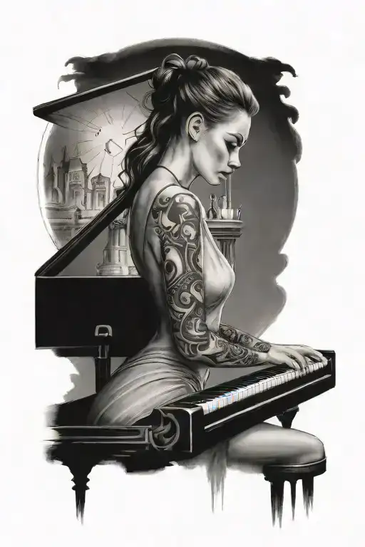 A Beautiful Woman Playing Piano With A Dark An A Sunny Tond