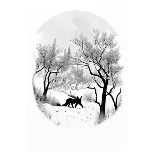 Silhouette Of Forest With Wolf In The Forefront