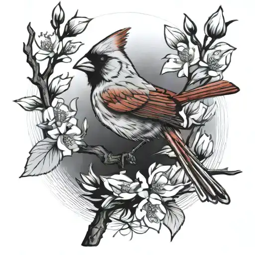 Cardinal With White Ribbon On Dogwood Branch