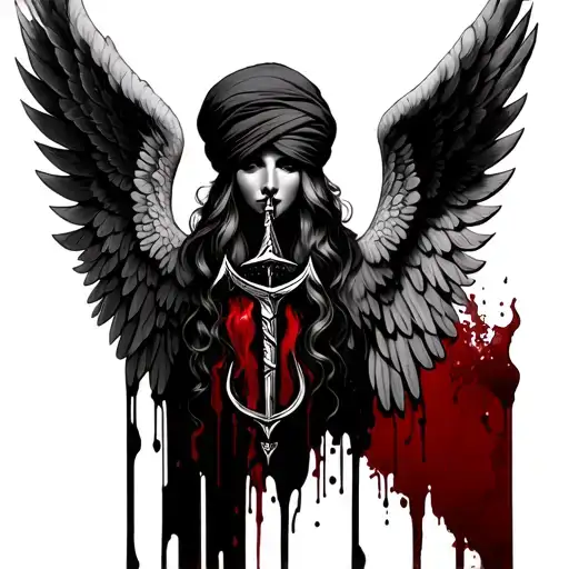 Angel Wings With Sikh Heavy Khanda And Blood On Them