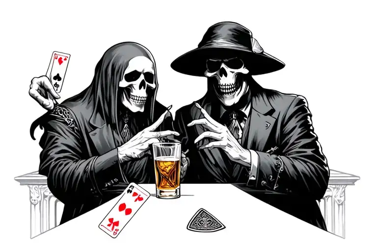 Hustler And The Grim Reaper Playing Cards And Drinks Whiskey