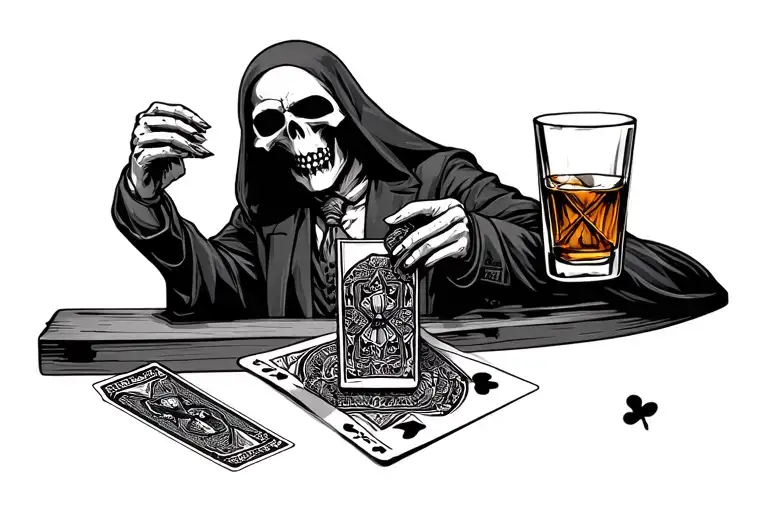 Hustler And The Grim Reaper Playing Cards And Drinks Whiskey