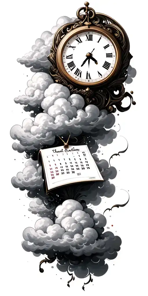 Clouds Surrounding A Calendar Page And A Clock