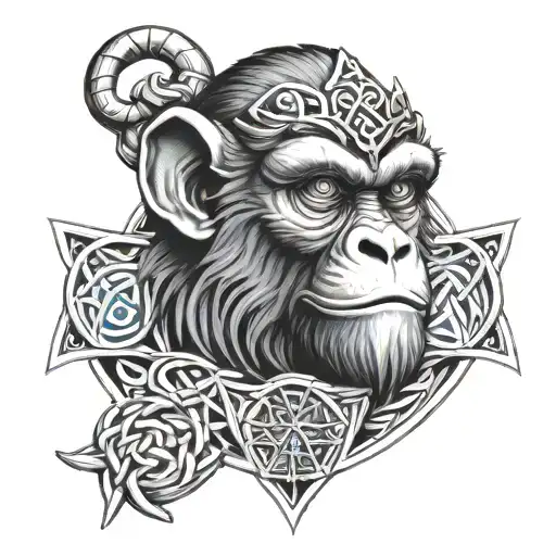 Monkey With Blue Eyes On Armor Tattoo Design Featuring Celtic Trinity Knot