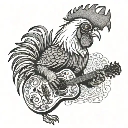 Rooster With Sunglasses Playing A Guitar With A Hat On
