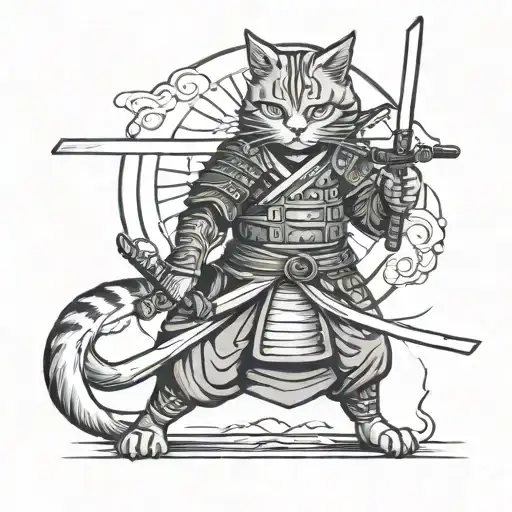 Samurai Cat Full Length Holding A Sword