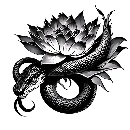 Pretty Snake With Lotus Tattoo Stencil Design