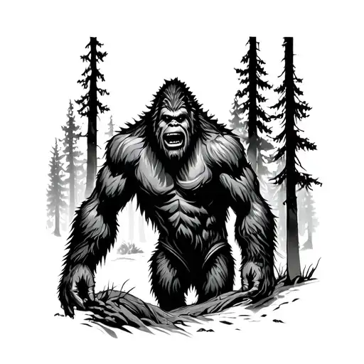 A Black-grey Tattoo Of A Mysterious Bigfoot Creature Lurking In The Shadows Of A Dense Forest