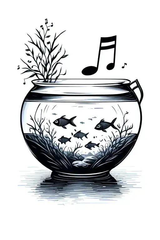 Minimalist Black Ink Tattoo Design Of A Small Fish Tank With Fish Shaped Like Simple Musical Notes