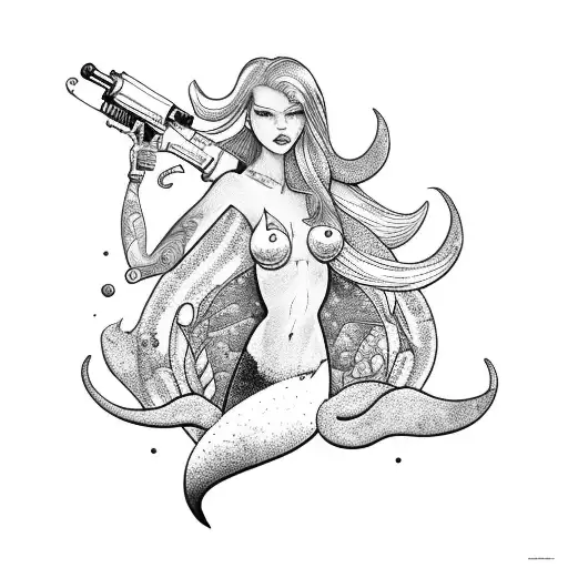 Mermaid With Tattoos And A Gun