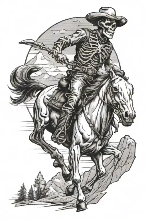 Skeleton Cowboy Riding Horse Looking Towards Mountain Range