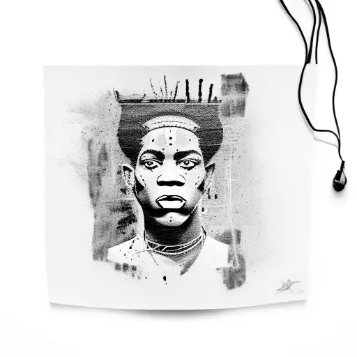 A Black-grey Tattoo Of An Ancient Greek Vase Featuring A Graffiti-style Portrait Of Basquiat