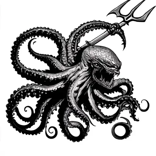 Kraken With Trident Attacking Diver Descending