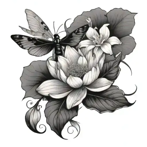 Lotus And Jasmine And Gladiolus Flower With A Dragon Fly