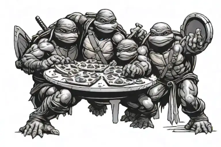 Ninja Turtle Throwing A Sewer Lid And The Other Ones Eating A Pizza
