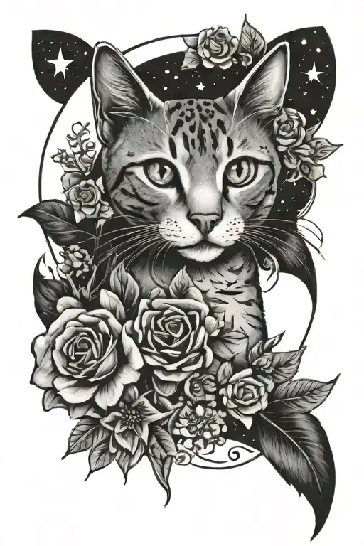 Flowers And Cat And Stars Moon