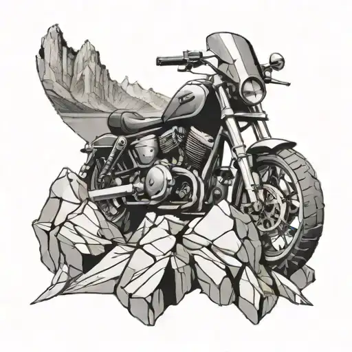 Design A Tattoo Featuring A Mountain Peak With A Motorbike Engine Embedded In The Rock