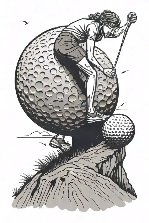 Golf Ball Being Pushed Up A Hill By A Woman Holding Like Sisyphus