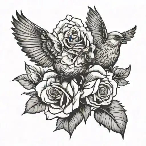 Bull Roses And Sparrow Flying