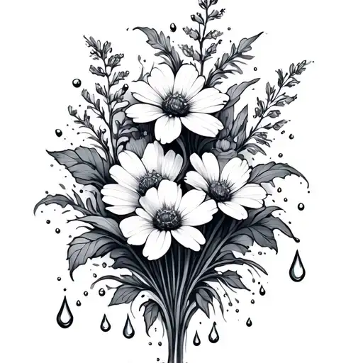 Two Horizontal Parallel Lines With Wild Flowers On Each Side And Drops Of Water