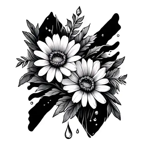 Two Horizontal Parallel Lines With Wild Flowers On Each Side And Drops Of Water