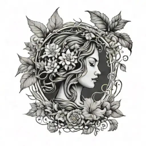 Tattoo Of Mother Earth Covered In Vines And Flowers Surrounded By Wildlife And Trees