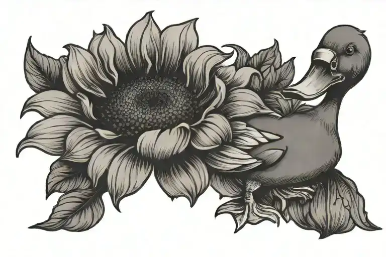 Cartoon Duck Holding A Sunflower With Big Feet