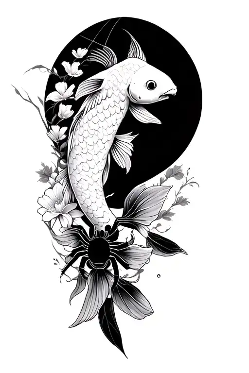 Katana Along With Koi Fish And Spider Lili Flowers Surrounded