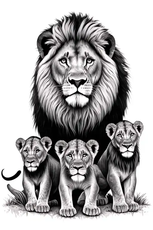 Dad Lion And 3 Lion Cubs