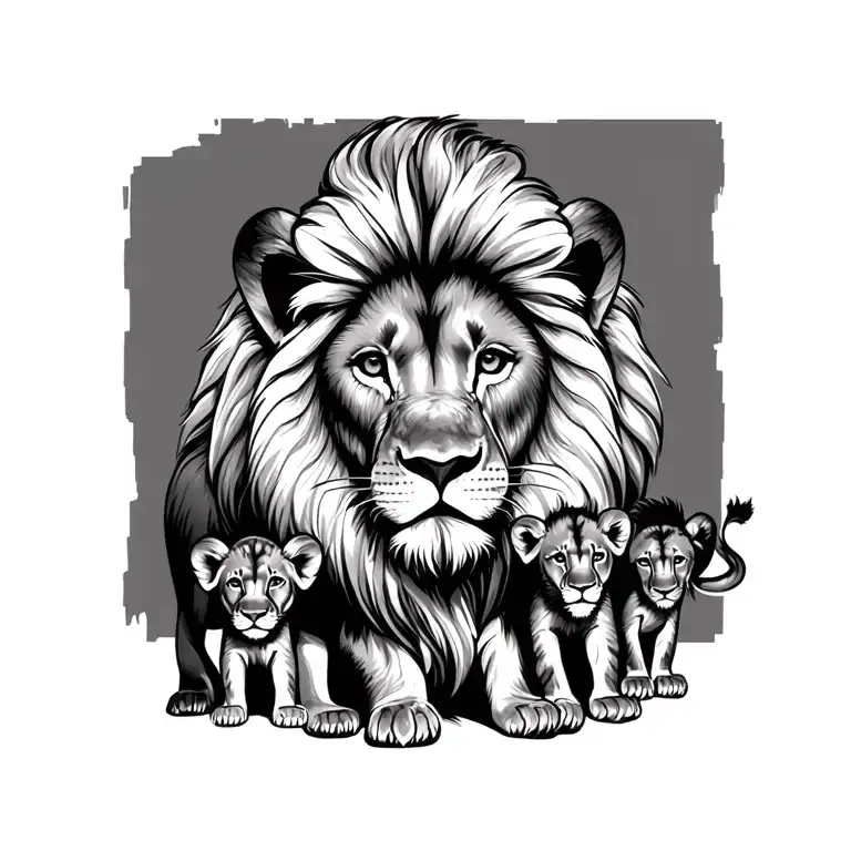 Dad Lion And 3 Lion Cubs