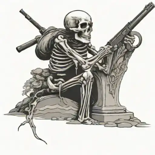 Skeleton Puts Down His Rifle In Front Of A Grave Stone