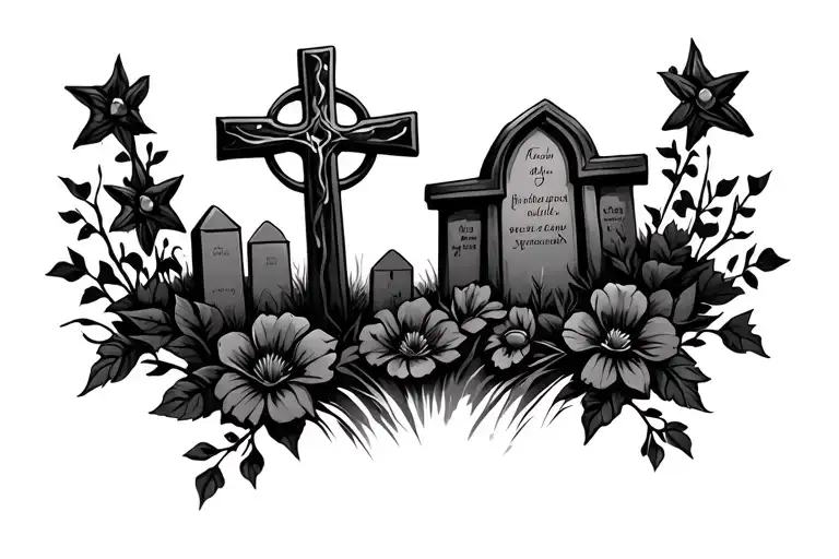Graveyard On A Hill With A Cross And Dark Flowers