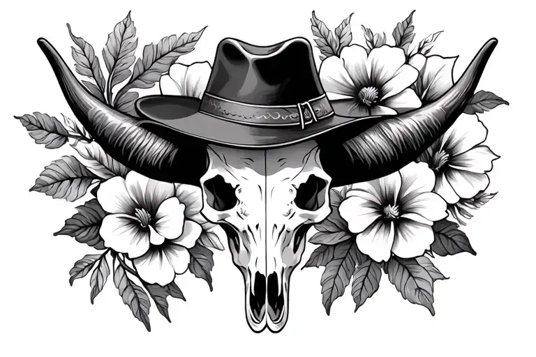 Longhorn Skull With Hat Flowers Blooming