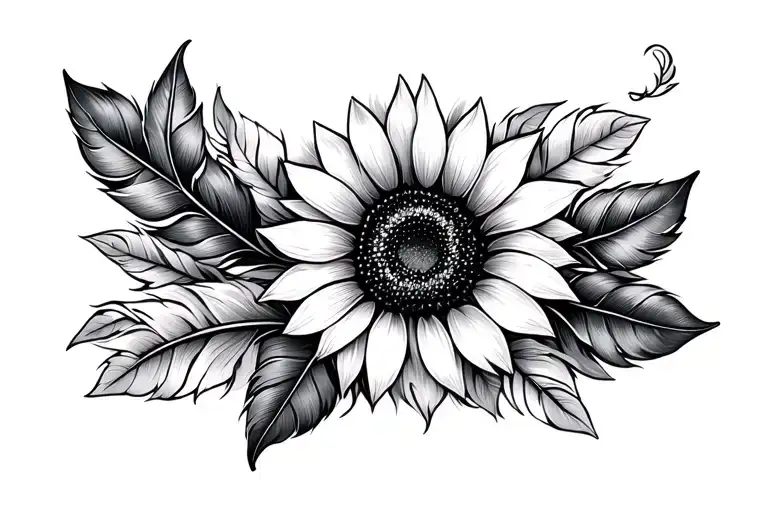 Feather With Leaves And Sunflower