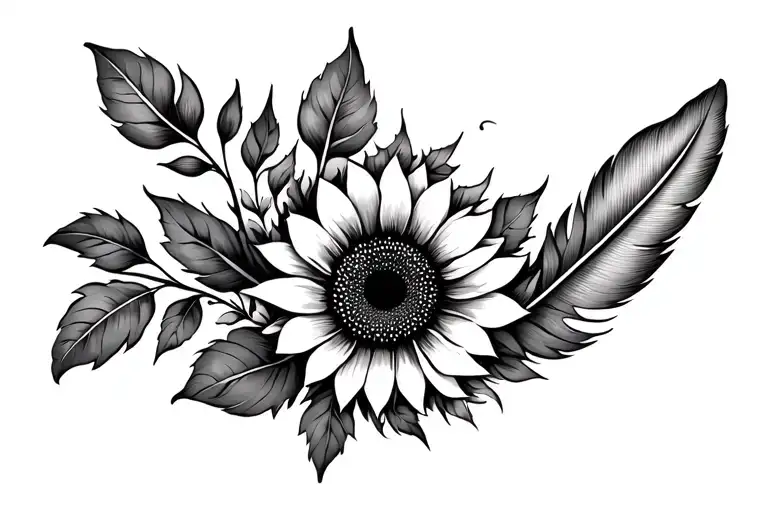 Feather With Leaves And Sunflower