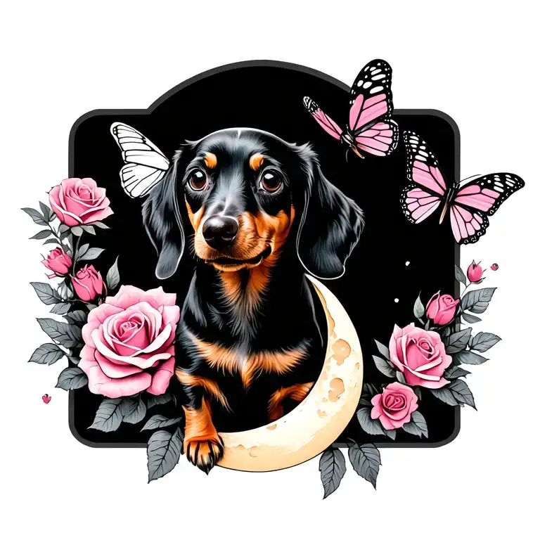 Dachshund And Moon And Roses And Butterfly With A Pink