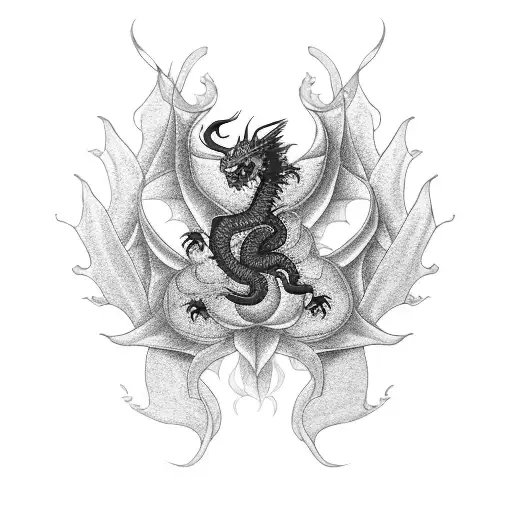 A Golden And Red Dragon Intertwined With Lotus Flowers