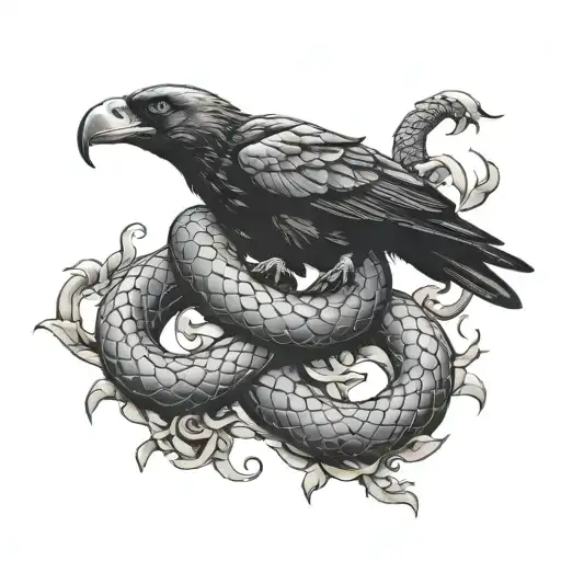 Snake Wrapped Around Crow Tattoo Design