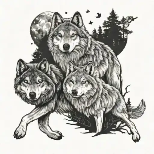 Family Moon Forest Wolves