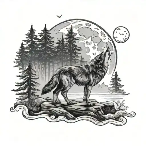 Big Moon Forest River Small Wolves Howling At The Moon