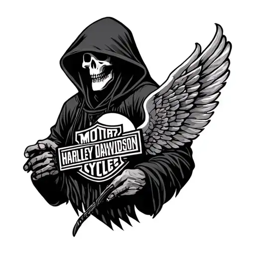 Hooded Reaper Holding Harley Davidson Logo