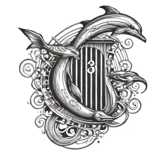 A Sleeve Tattoo Of A Music Staff Wrapping Around The Arm With Dolphins Jumping Over The Notes