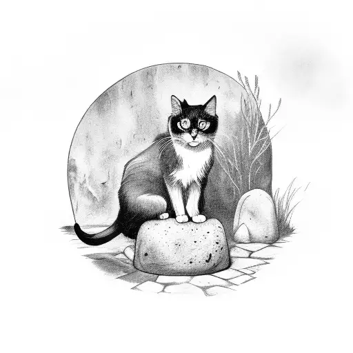 Black Cat Sits On A Stone Well