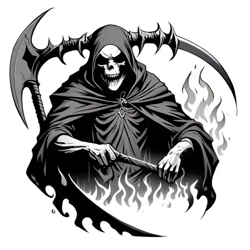 Grim Reaper With Devil Horns And A Scythe With Flames Coming Out Of The Eyes And A Hell Background