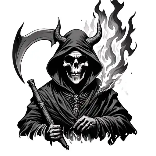 Grim Reaper With Devil Horns And A Scythe With Flames Coming Out Of The Eyes