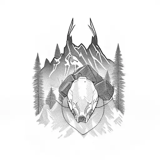 A Black And Grey Tattoo Of A Hunter With A Backpack Trekking Through A Rugged Mountain Terrain