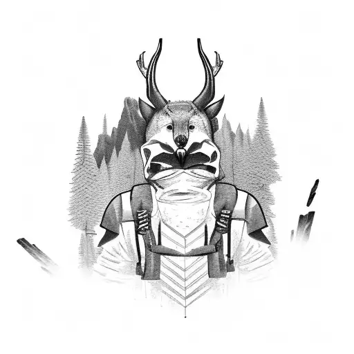 A Black And Grey Tattoo Of A Hunter With A Backpack Trekking Through A Rugged Mountain Terrain