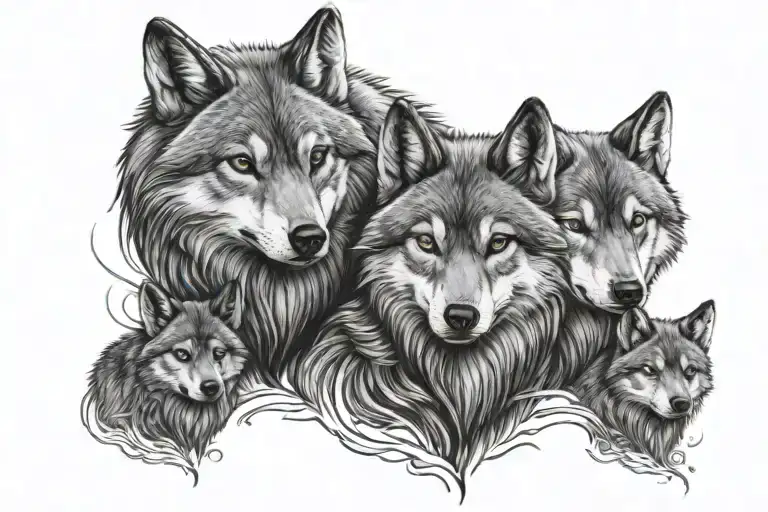 Mother And Dad Wolfs Protecting 3 Little Wolfs